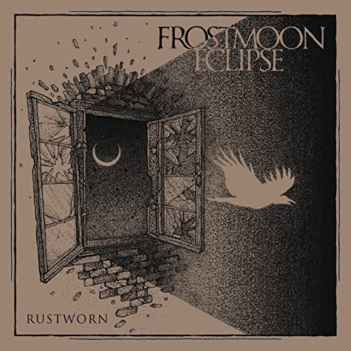 Sketch of open window with crescent moon and flying bird.