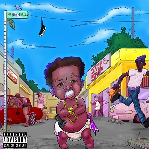 Cartoon album cover featuring a large-headed baby in a street scene.