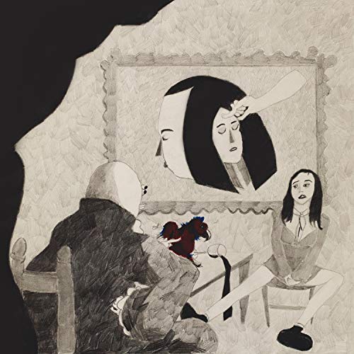 Hand-drawn CD cover with figures, a parrot, and a framed portrait.
