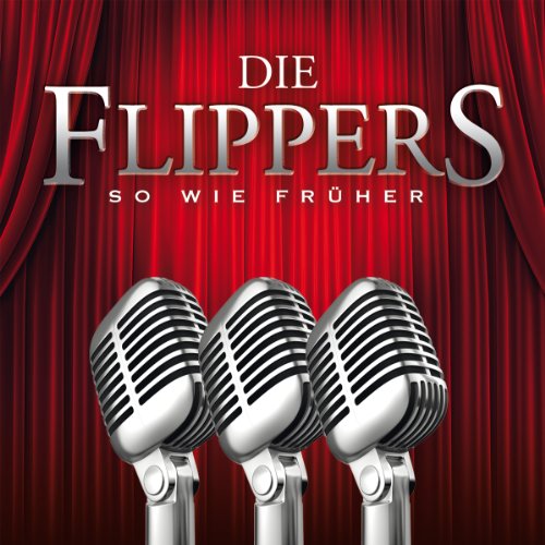 "Album cover with three silver microphones on a red curtain background."