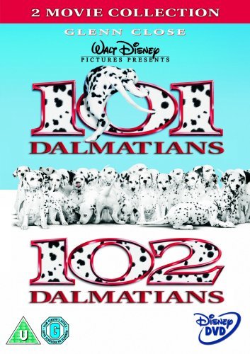 DVD cover for "101 Dalmatians" and "102 Dalmatians" with spotted dogs.