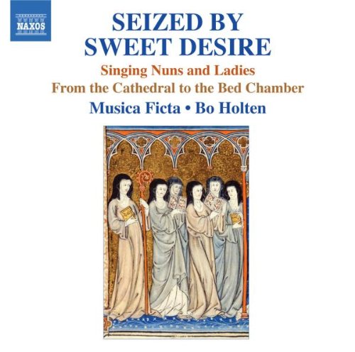 "CD cover with medieval illustration of women in white robes, ornate border, and text."