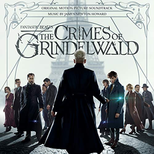 "Vinyl album cover for 'Fantastic Beasts: The Crimes of Grindelwald' soundtrack, featuring characters in long coats."