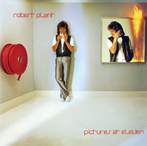 "Album cover with Robert Plant standing in a room with a framed portrait."