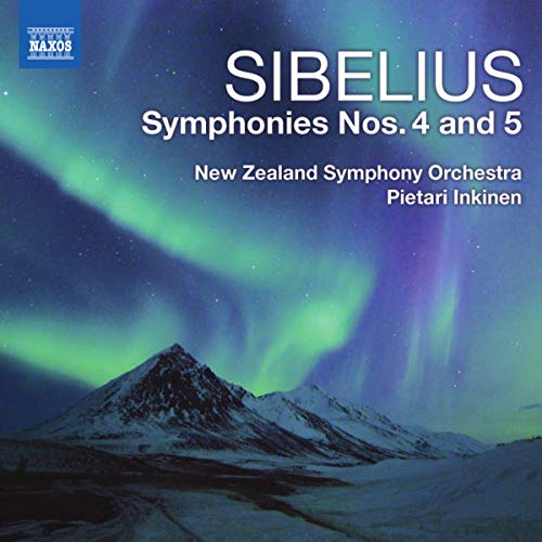 CD cover: Sibelius symphonies with aurora borealis and snowy mountains.