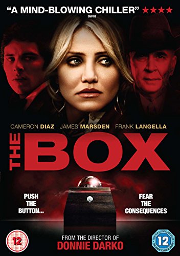 "DVD cover for 'The Box' featuring a woman and two men, with a mysterious box."
