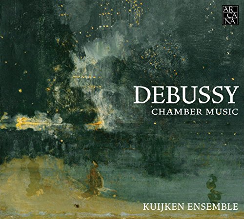 The image is a CD cover for "Debussy: Chamber Music" by the Kuijken Ensemble. A concise, descriptive alt text for this image is: "CD cover with abstract painting and white text."
