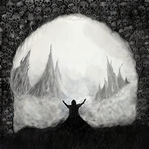 Dark fantasy album cover with a figure facing a bright, snowy landscape.