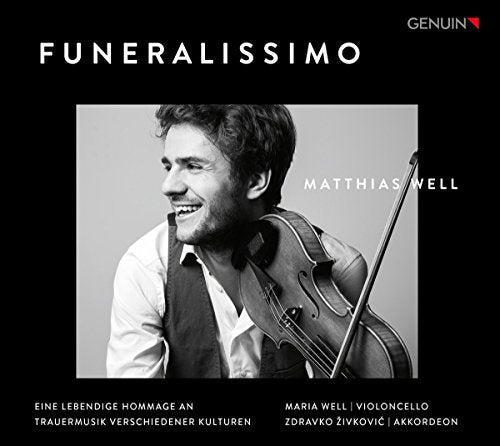 "Black-and-white image of a man holding a cello on a black album cover."