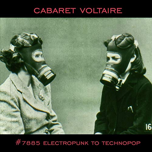 Two people wearing gas masks, with Cabaret Voltaire album text on a dark background.