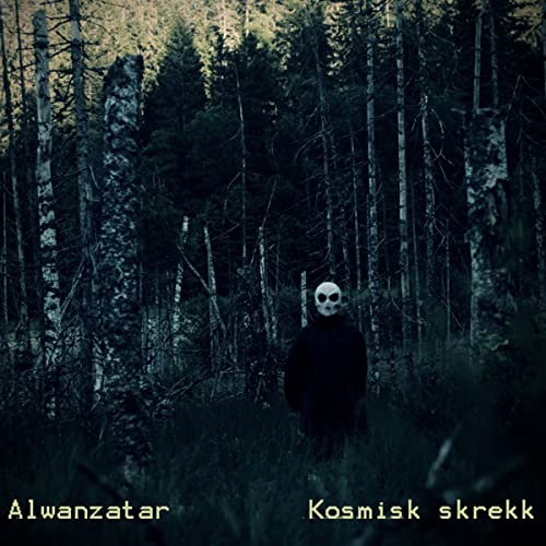 Dark forest with a figure in a hooded cloak and skull mask.
