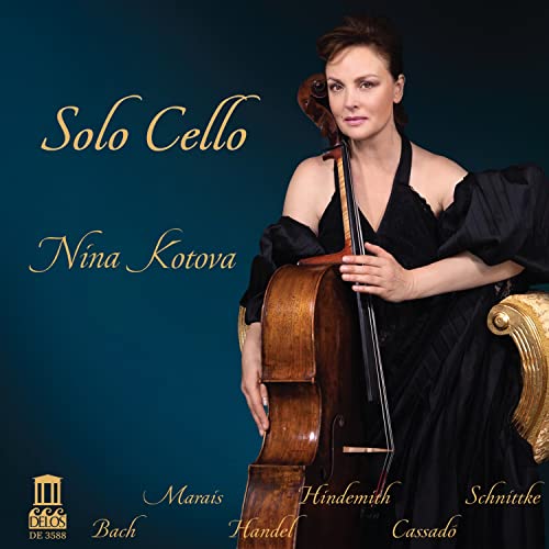 Nina Kotova holding a cello, album cover for “Solo Cello.”