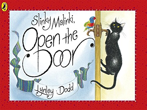 "Slinky Malinki, Open the Door" book cover featuring a black cat on a door.