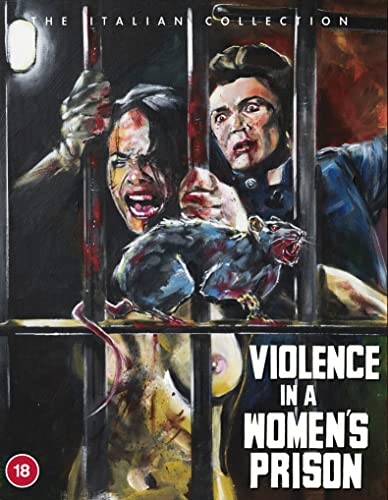 "Blu-ray cover art depicting a woman behind bars with a rat, and a disturbing scene."