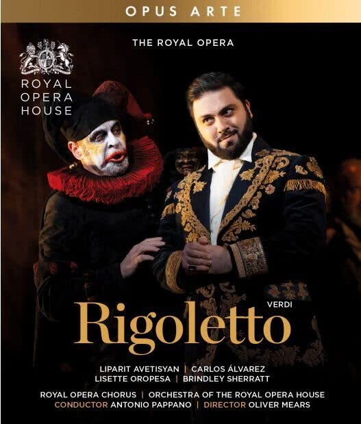 Blu-ray cover for Verdi’s opera *Rigoletto* featuring two costumed singers.