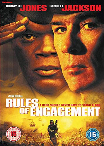 "Rules of Engagement" DVD cover featuring close-up of two men's faces and a soldier.