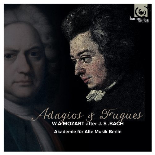 CD cover featuring portraits of Mozart and Bach with title “Adagios & Fugues”.