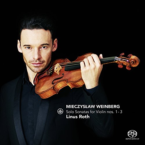 Man holding violin on a black background, CD cover for Weinberg's Solo Sonatas.