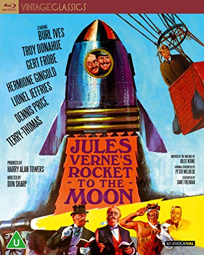 Blu-ray cover for "Jules Verne's Rocket to the Moon" featuring a rocket and people.