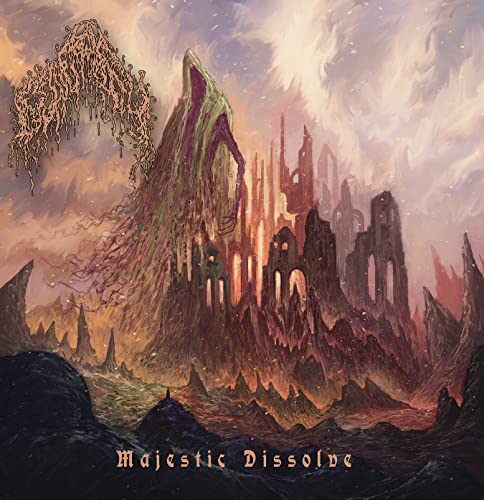 Dark fantasy landscape with a monstrous, dissolving figure and ruined city.