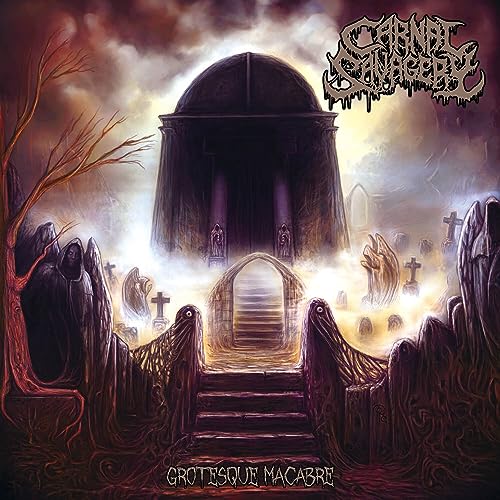 Dark, gothic graveyard scene with a mausoleum and ominous figures.