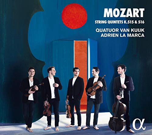 "CD cover featuring five musicians holding string instruments against a blue background."