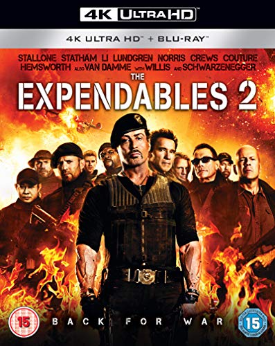 "Blu-ray cover for 'The Expendables 2' featuring a group of men amidst flames."