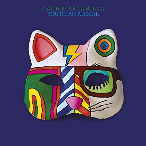 A vinyl record cover featuring a colorful, abstract cat's face on a dark blue background.