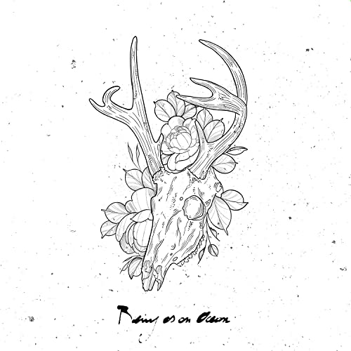 Black and white line drawing of a deer skull with floral embellishments.