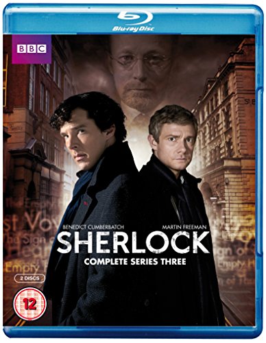 Blu-ray case for "Sherlock" series 3, featuring Benedict Cumberbatch and Martin Freeman.