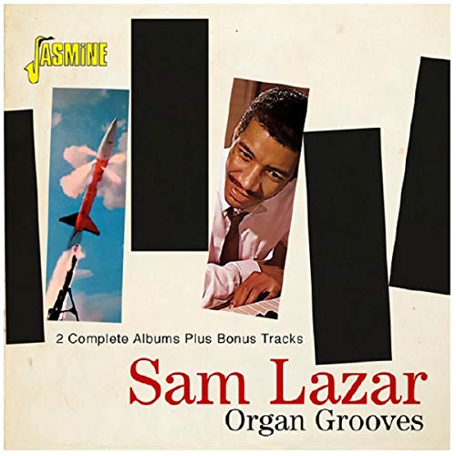 "CD cover with a man and rocket image, 'Sam Lazar Organ Grooves' in red and black."