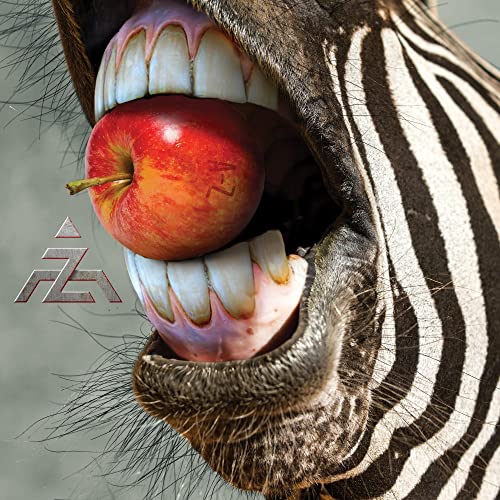 Zebra's open mouth with red apples labeled "A-Z" inside.