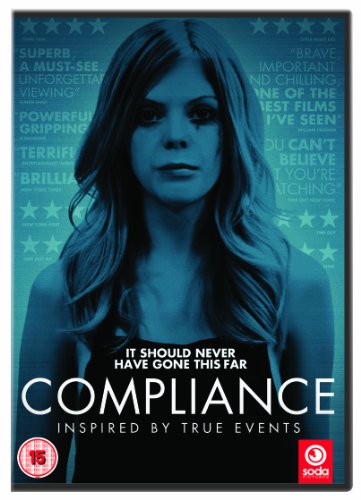 "Blue-tinted DVD cover featuring a woman with the title 'COMPLIANCE' and '15' rating."