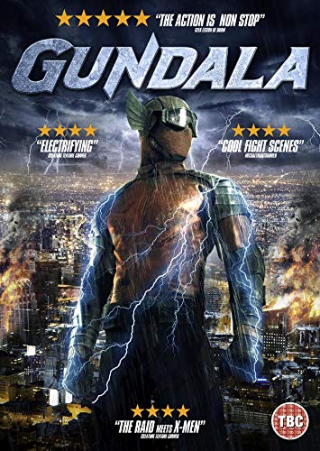 "Gundala DVD cover featuring a superhero with lightning on a cityscape background."