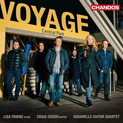 "CD cover with five musicians standing under a yellow 'Voyage Central Park' sign."