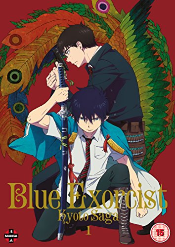 "Blue Exorcist: Kyoto Saga DVD cover featuring two anime characters and a peacock on red background."