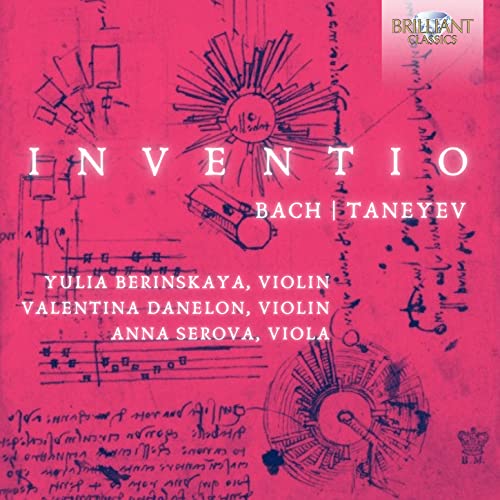 CD cover for Bach and Taneyev’s “Inventio” featuring violin sketches.