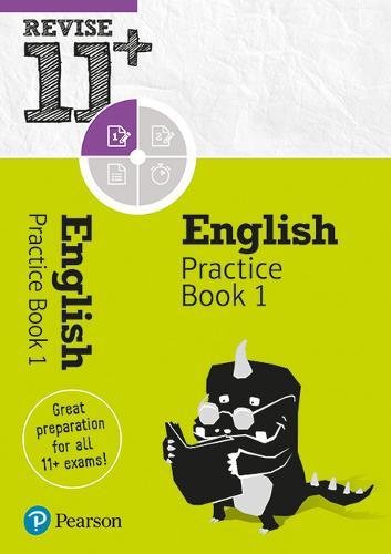 "Book cover with cartoon dinosaur, 'English Practice Book 1' text, on a green background."