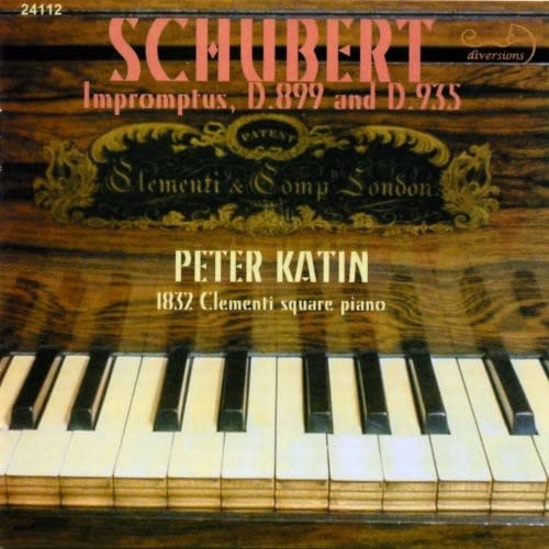 CD cover featuring a wood-grain piano and ornate lettering for Schubert’s Impromptus.