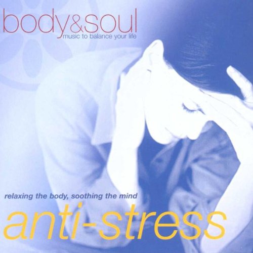 A person sitting with head in hands, blue-toned, with "anti-stress" text overlay.