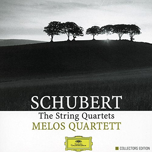 Black and white landscape with trees, text "Schubert: The String Quartets" and "Melos Quartett".