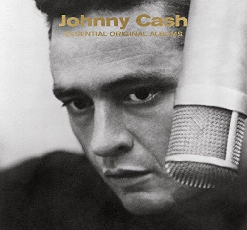 Black and white image of Johnny Cash with a microphone, text "Johnny Cash Essential Original Albums".
