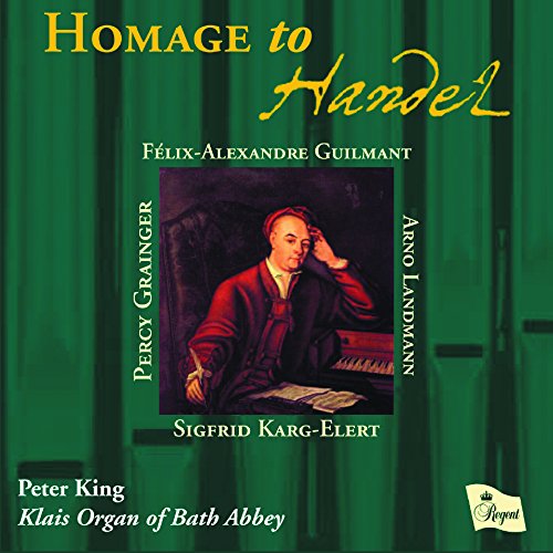 "CD cover featuring a man at a desk, green background, and yellow title 'Homage to Handel'."