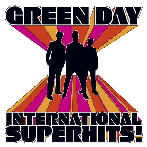 "Album cover with 'Green Day' and 'International Superhits!' text, featuring silhouettes of three men."