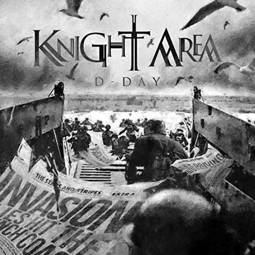 "Black and white vinyl album cover with soldiers landing on a beach."