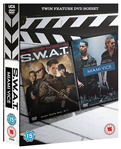 DVD boxset featuring “S.W.A.T.” and “Miami Vice” movie covers with actors.