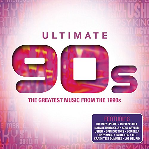 Ultimate 90s music CD cover with pink, purple, and orange abstract background.