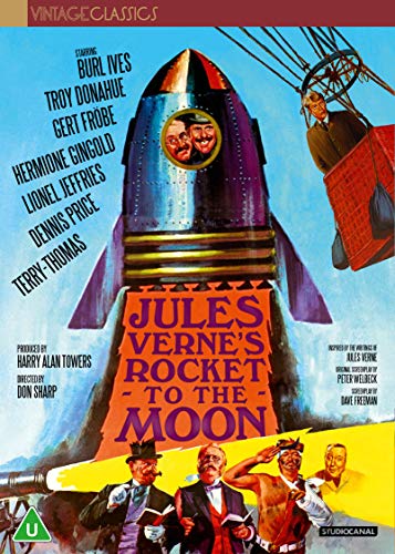 Vintage DVD cover for “Jules Verne’s Rocket to the Moon” featuring a rocket.