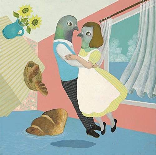 Surreal painting of two anthropomorphic pigeons dancing in a pink room with floating bread.