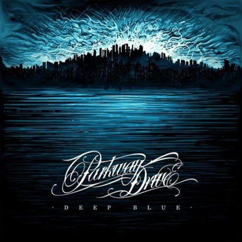 "Album cover with city skyline and water, 'Parkway Drive Deep Blue' in white text."